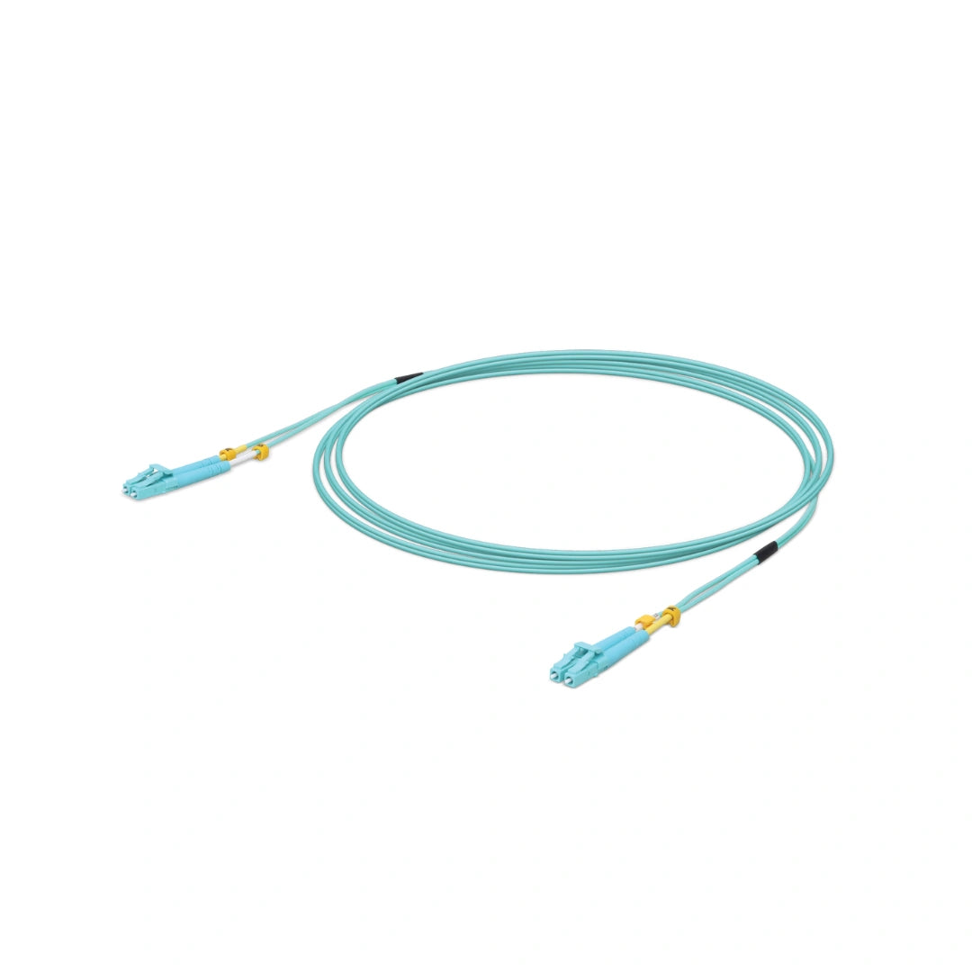 Cable de salto fibra óptica OM3 azul claro con conectores LC y protectores amarillos