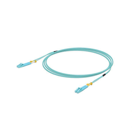 Cable de salto fibra óptica OM3 azul claro con conectores LC y protectores amarillos