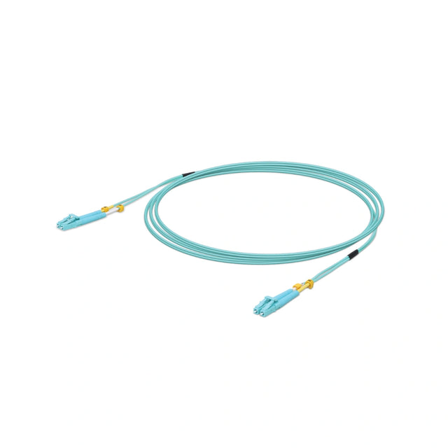 Cable de salto fibra óptica OM3 azul claro con conectores LC y protectores amarillos