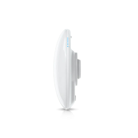 Perfil aerodinámico de disco blanco con indicadores LED verticales azules en el borde