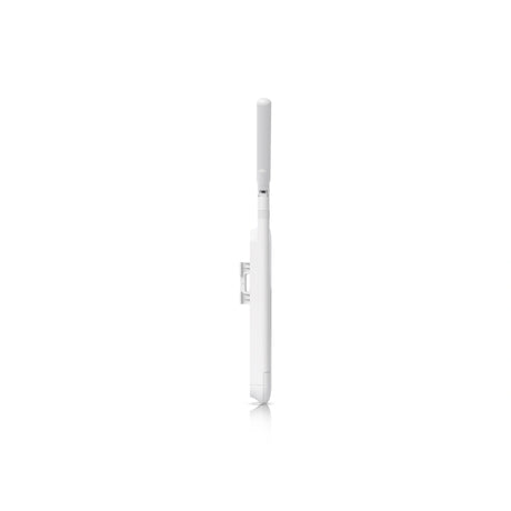 Perfil lateral del punto de acceso cilíndrico blanco con bisagra de antena y soporte de montaje integrado