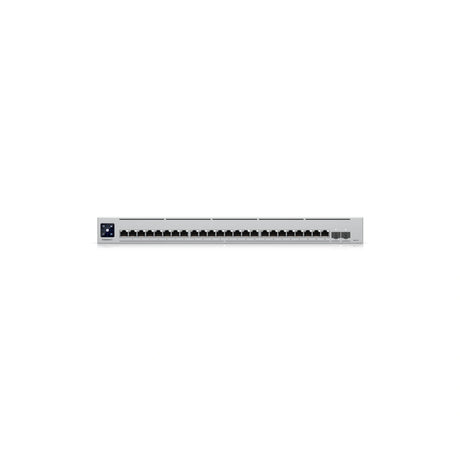 Primer plano de los veinticuatro puertos 10 GbE RJ45 y dos ranuras SFP28 en el extremo derecho del switch