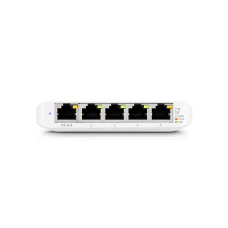 Primer plano frontal de los puertos Ethernet numerados con indicador amarillo PoE IN y luces LED verdes activas