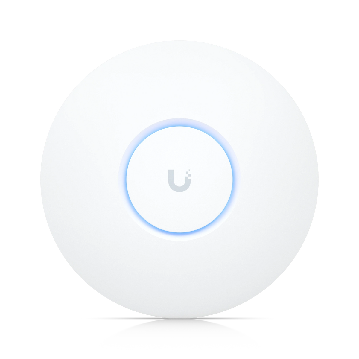 Punto de acceso Ubiquiti UniFi blanco circular con anillo LED azul iluminado y logotipo gris central
