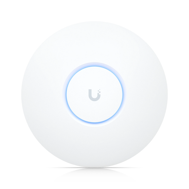 Punto de acceso Ubiquiti UniFi blanco circular con anillo LED azul iluminado y logotipo gris central