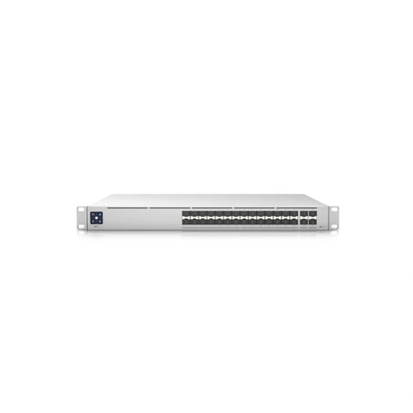 Frente del conmutador rackmountable 1U con módulos de puerto negros y carcasa gris