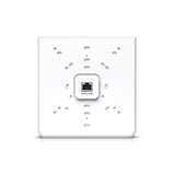 Vista frontal trasera del dispositivo blanco centrando puerto Ethernet PoE y patrón simétrico de perforaciones