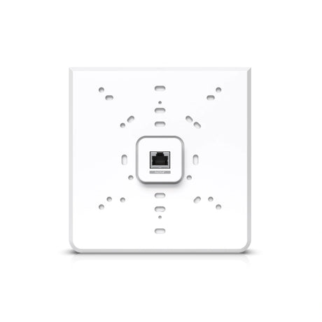 Vista frontal trasera del dispositivo blanco centrando puerto Ethernet PoE y patrón simétrico de perforaciones