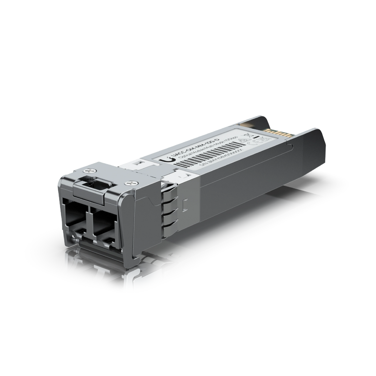 Módulo SFP+ gris con conector LC y etiqueta blanca sobre fondo blanco