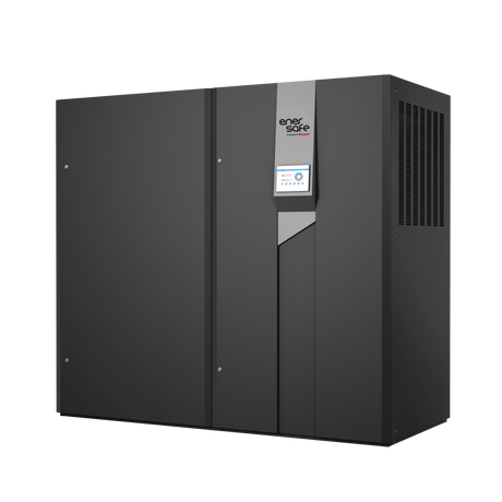 Vista frontal del sistema de refrigeración modular gris oscuro con columna de marca central