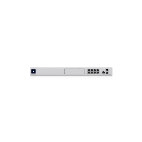Perfil lateral delgado del router empresarial gris con superficie lisa mate