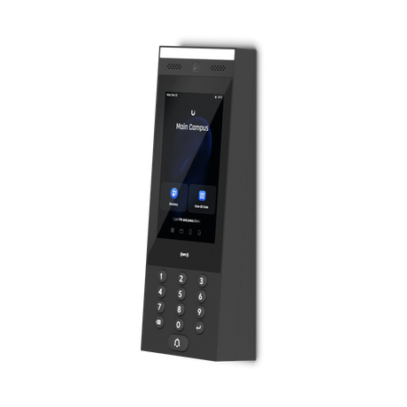 Dispositivo negro mate UA-Intercom con pantalla táctil, teclado numérico y lente de cámara superior