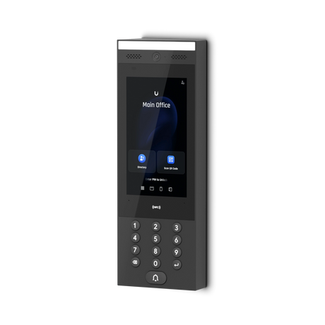 Dispositivo UA-Intercom negro mate con pantalla táctil, luz blanca superior y teclado numérico sobre fondo blanco