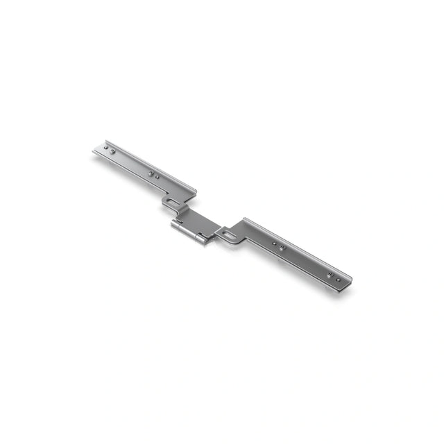Soporte metálico plateado para apilamiento de racks mini con bisagra central y orificios de montaje preperforados