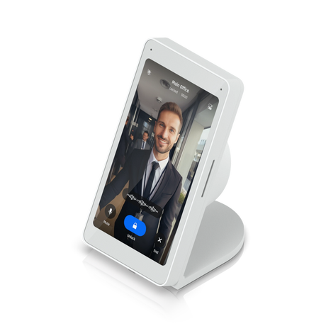 Videointercomunicador UniFi UA-INTERCOM-VIEWER montado en soporte de mesa metálico con pantalla activa