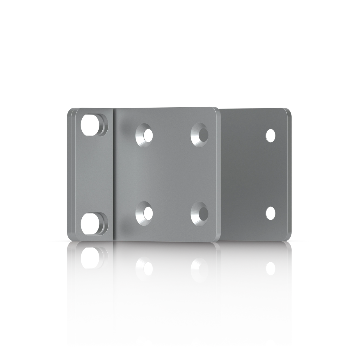 Soporte de montaje en rack gris con placa central y ranuras ovaladas para tornillos