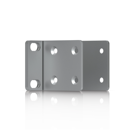Soporte de montaje en rack gris con placa central y ranuras ovaladas para tornillos