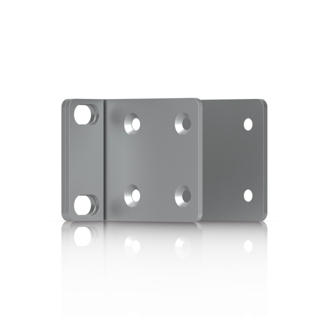 Soporte de montaje en rack gris con placa central y ranuras ovaladas para tornillos