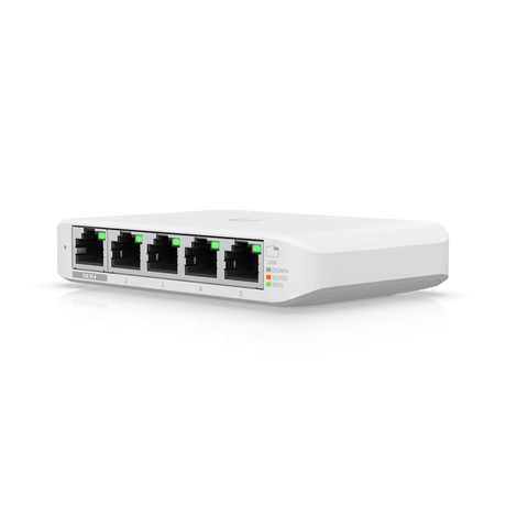 Switch PoE Ubiquiti blanco con cinco puertos RJ45 y luces LED verdes encendidas
