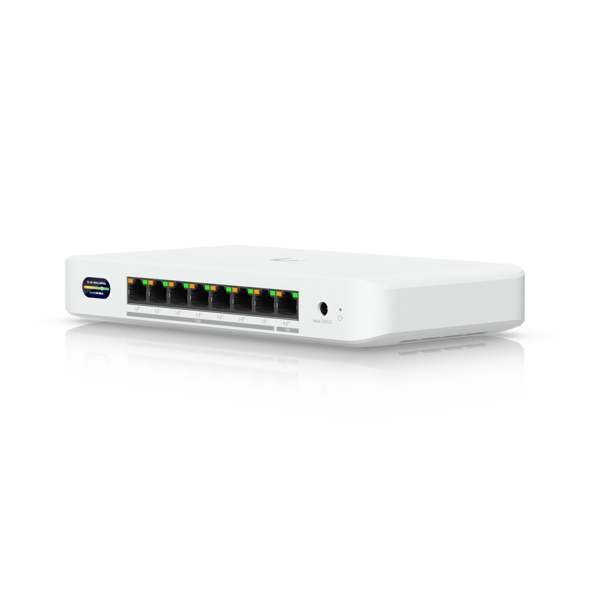Switch de red blanco UniFi con ocho puertos RJ45 y luces LED verdes y naranjas activas sobre fondo blanco