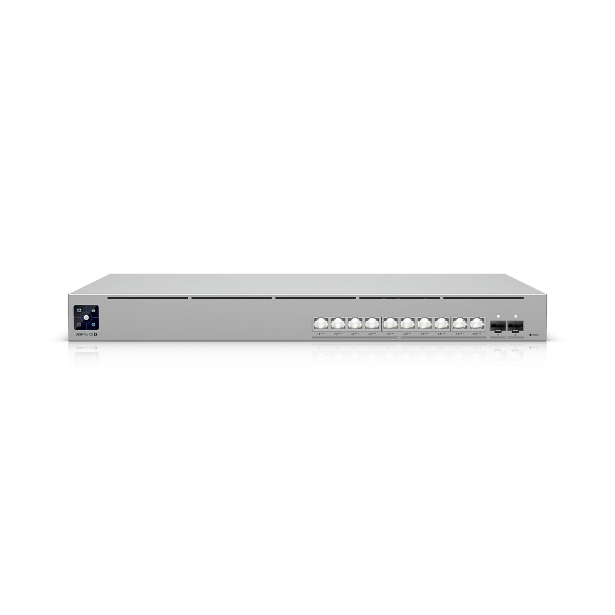 Vista frontal del switch Ubiquiti UniFi 550W con carcasa plateada, pantalla LCD y puertos RJ45 blancos