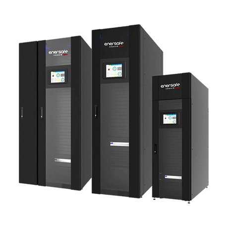 Tres gabinetes negros de micro datacenter Enersafe con pantallas digitales y rejillas de ventilación