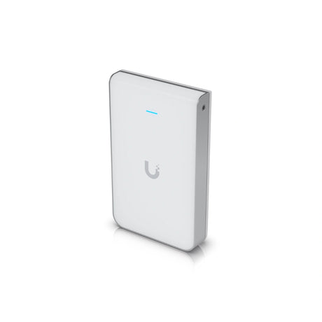 Vista frontal inclinada del punto de acceso Ubiquiti blanco con logotipo gris y tira LED azul iluminada en el borde superior.