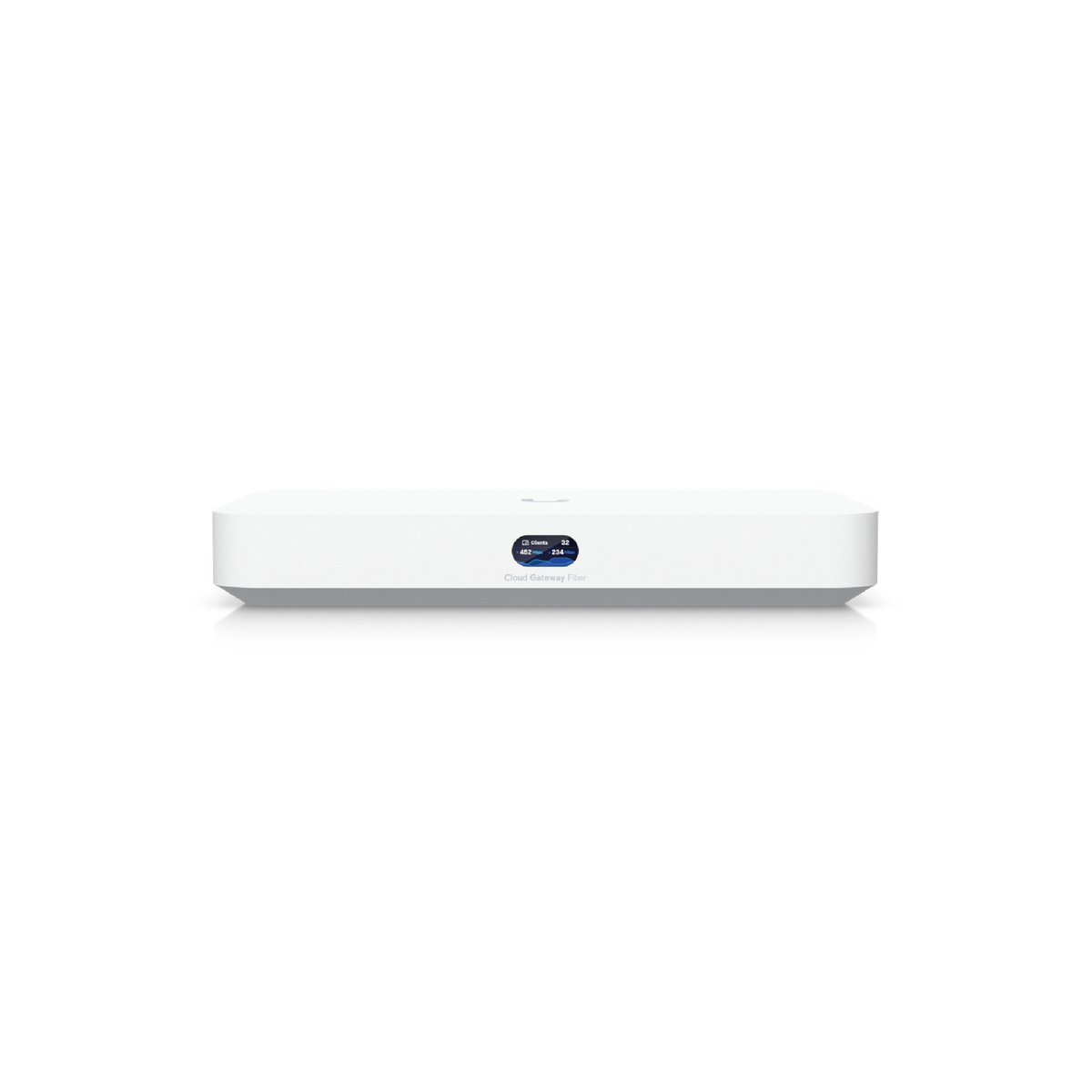 Primer plano frontal de la pantalla LCD ovalada iluminada del Cloud Gateway Flex mostrando estadísticas de red