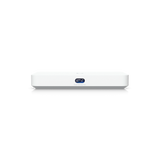 Primer plano frontal de la pantalla LCD ovalada iluminada del Cloud Gateway Flex mostrando estadísticas de red