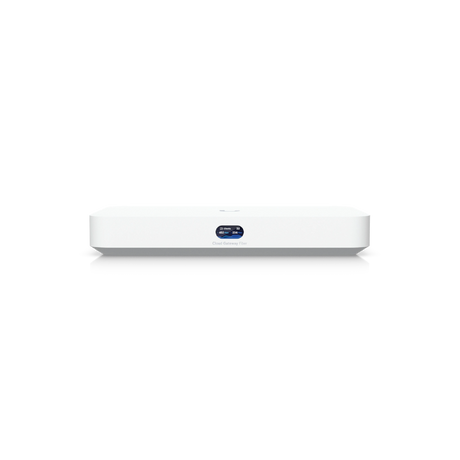 Primer plano frontal de la pantalla LCD ovalada iluminada del Cloud Gateway Flex mostrando estadísticas de red