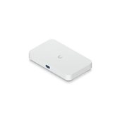 Vista isométrica del dispositivo blanco Ubiquiti Cloud Gateway Flex con carcasa mate y pantalla de estado activa