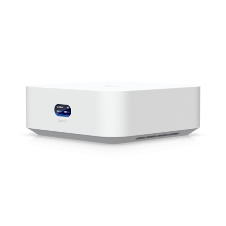 Perspectiva tres cuartos del gateway cloud blanco Ubiquiti mostrando la base gris y pantalla OLED frontal