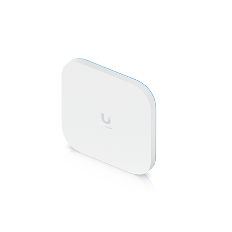Vista angular del access point Ubiquiti Enterprise blanco con franja lateral azul