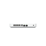 Panel trasero negro con seis puertos RJ45 PoE+, dos ranuras SFP+ para fibra óptica y conectores DC