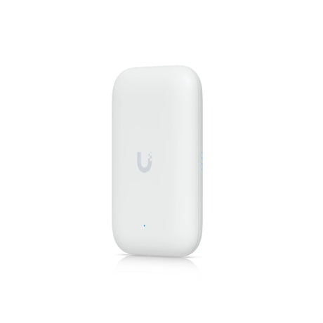 Vista frontal angular del router exterior wifi 5 gigabit con logotipo gris central y luz actividad azul