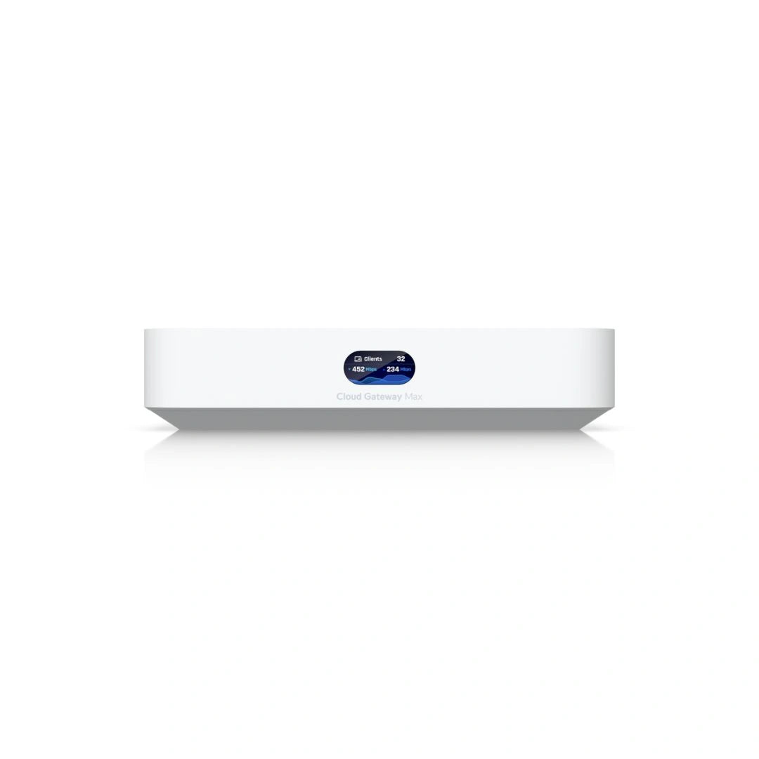 Dispositivo de red Ubiquiti con pantalla iluminada mostrando tráfico en tiempo real sobre chasis blanco minimalista