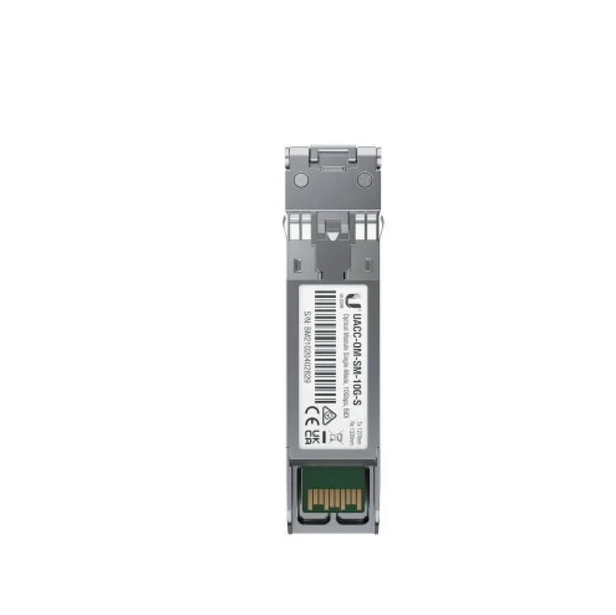 Módulo SFP+ gris de Ubiquiti visto desde arriba con etiqueta blanca y contactos dorados