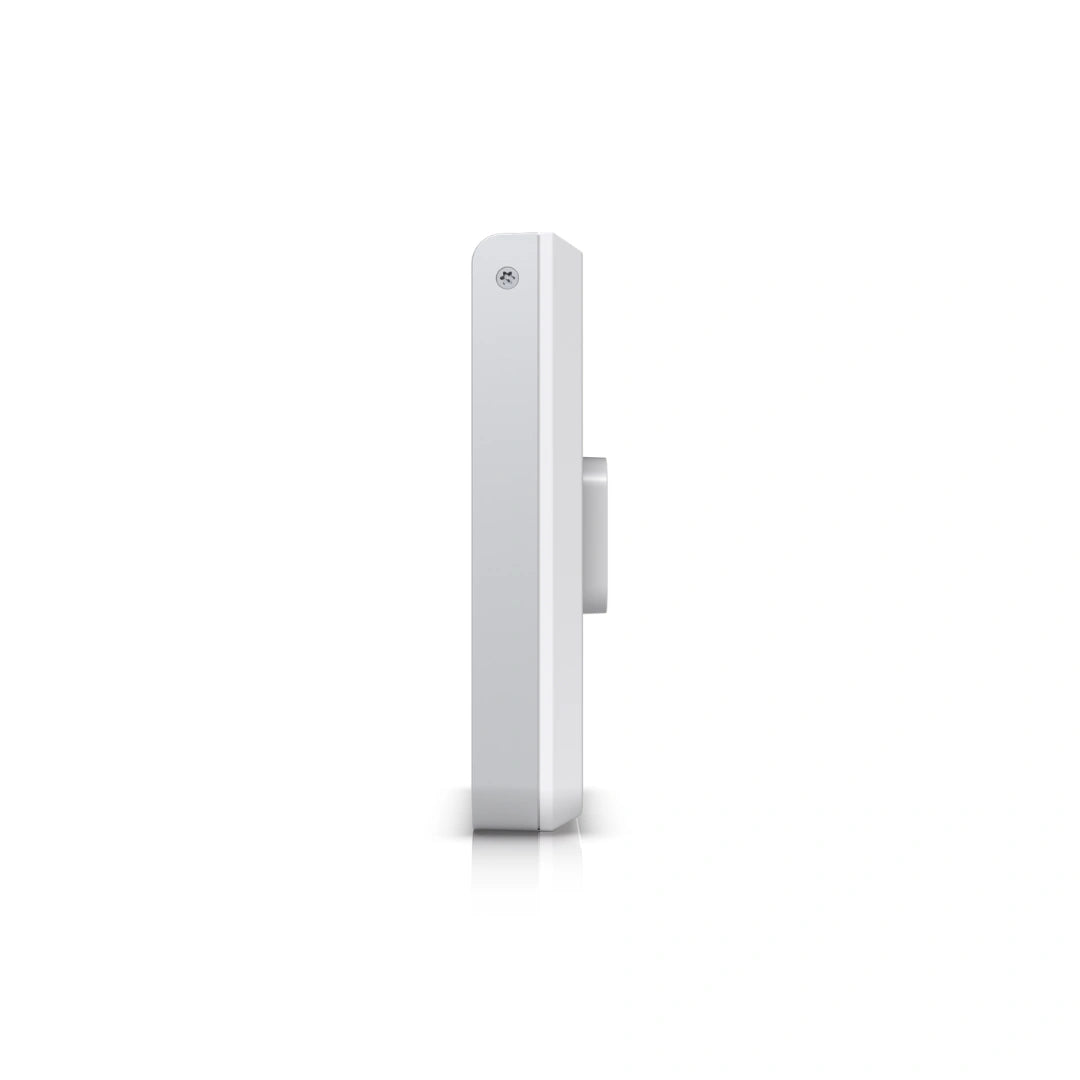 Perfil lateral del router WiFi 5GHz Ubiquiti blanco con diseño rectangular delgado, bordes redondeados y tornillo de montaje