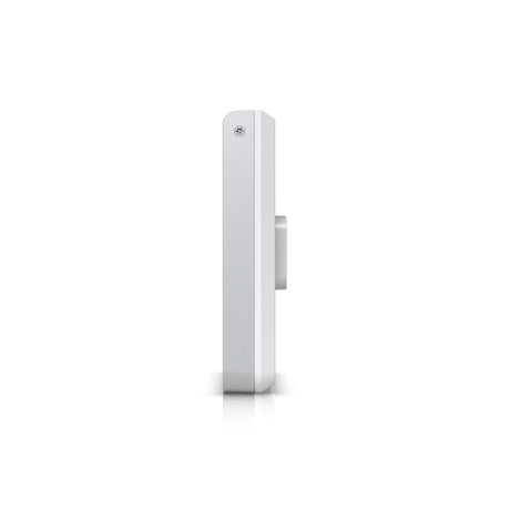 Perfil lateral del router WiFi 5GHz Ubiquiti blanco con diseño rectangular delgado, bordes redondeados y tornillo de montaje