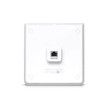 Parte trasera del access point Ubiquiti blanco con puerto PoE IN+ central y círculos de montaje en esquinas