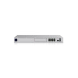 Equipo de seguridad perimetral UDM-Pro con logo negro, panel central y ranuras SFP+ 10GbE a la derecha