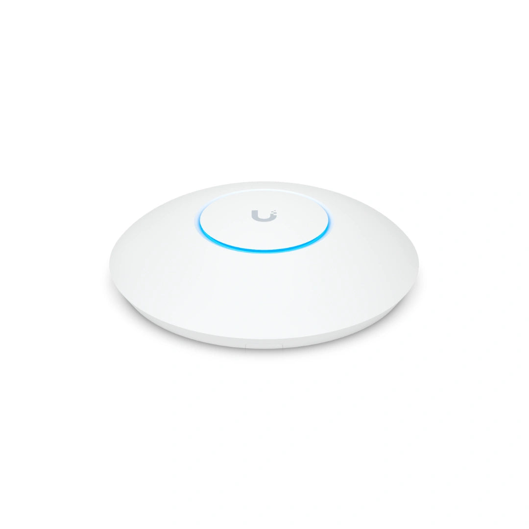 Punto de acceso WiFi 5 blanco con logotipo central y anillo LED azul iluminado