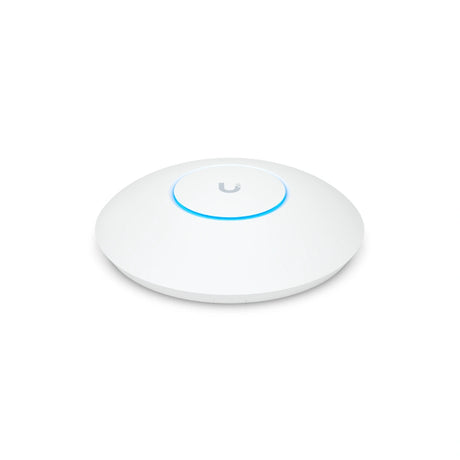 Punto de acceso WiFi 5 blanco con logotipo central y anillo LED azul iluminado
