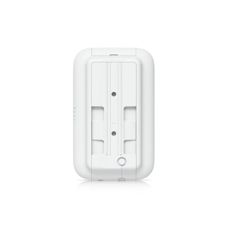 Vista trasera del punto de acceso wifi exterior blanco con soporte de montaje y luces LED azules