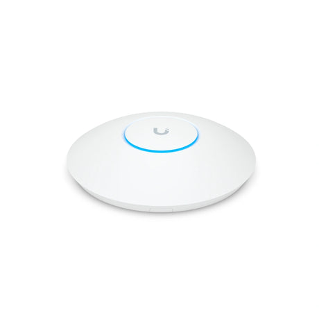 Vista frontal del domo blanco Ubiquiti con logo gris U central rodeado por anillo LED azul iluminado activo.