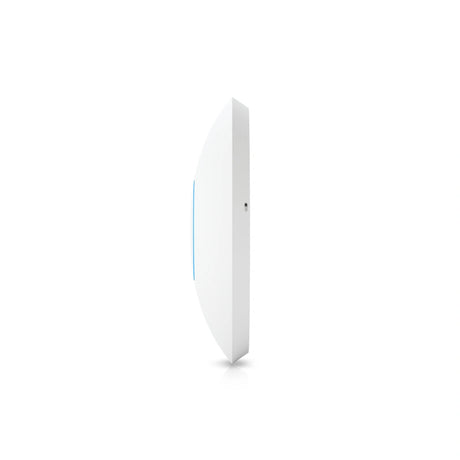 Perfil lateral del dispositivo de red Ubiquiti UniFi blanco con diseño curvo delgado y tira indicadora LED azul.