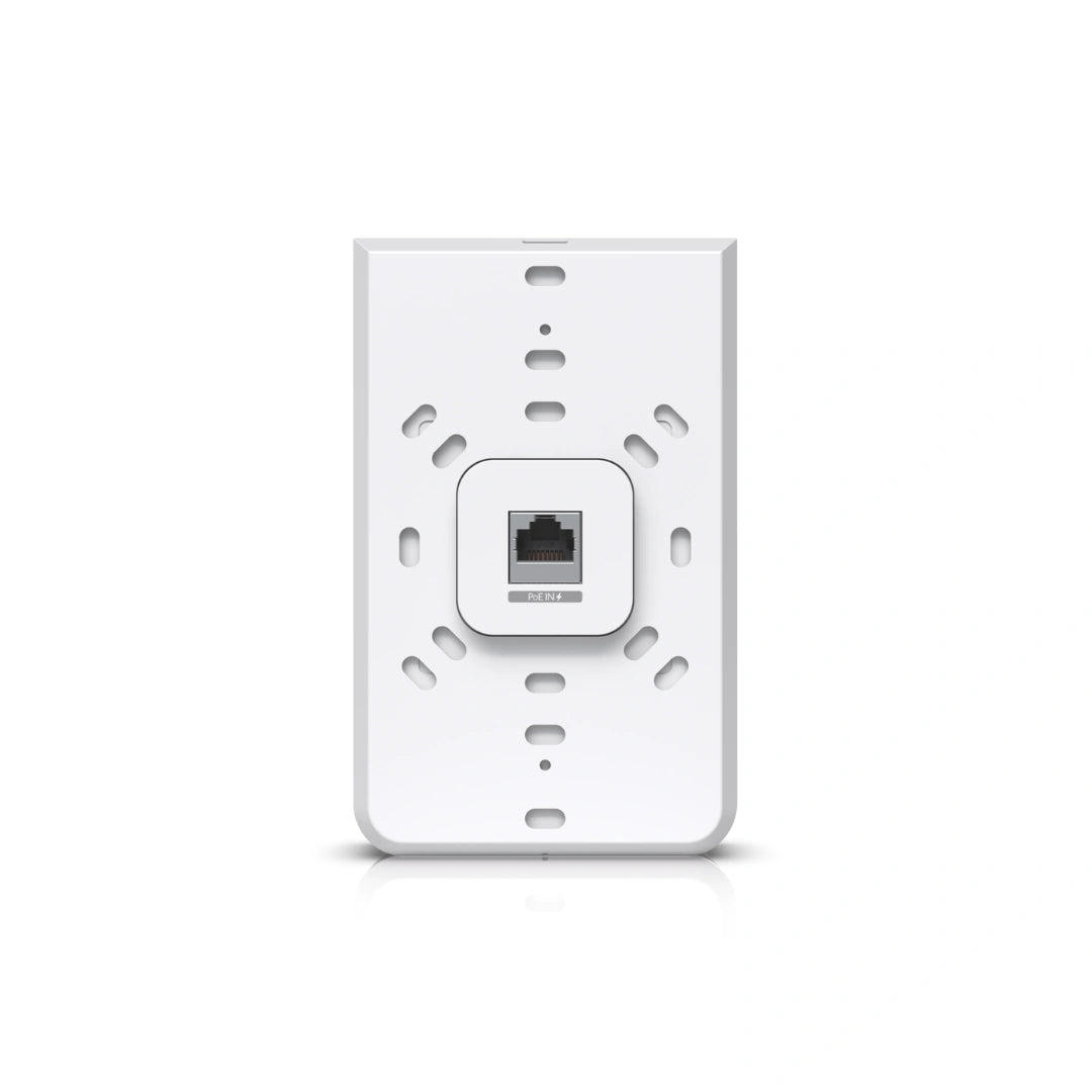 Placa de pared blanca UniFi AP WiFi 5 con puerto RJ45 PoE IN central y ranuras de montaje laterales sobre fondo blanco.