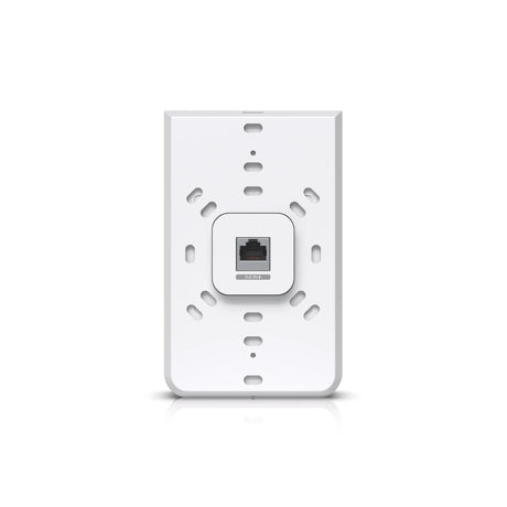Placa de pared blanca UniFi AP WiFi 5 con puerto RJ45 PoE IN central y ranuras de montaje laterales sobre fondo blanco.