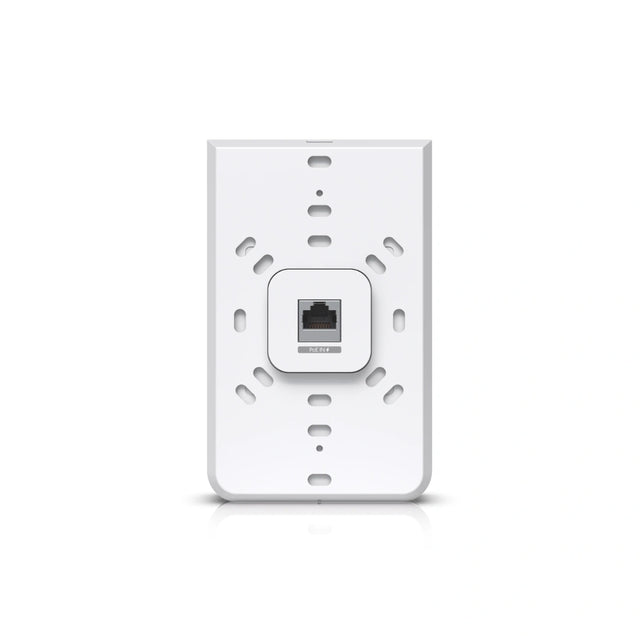 Placa de pared blanca UniFi AP WiFi 5 con puerto RJ45 PoE IN central y ranuras de montaje laterales sobre fondo blanco.