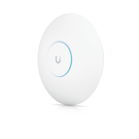 Punto de acceso Ubiquiti blanco con anillo LED azul y logotipo gris central